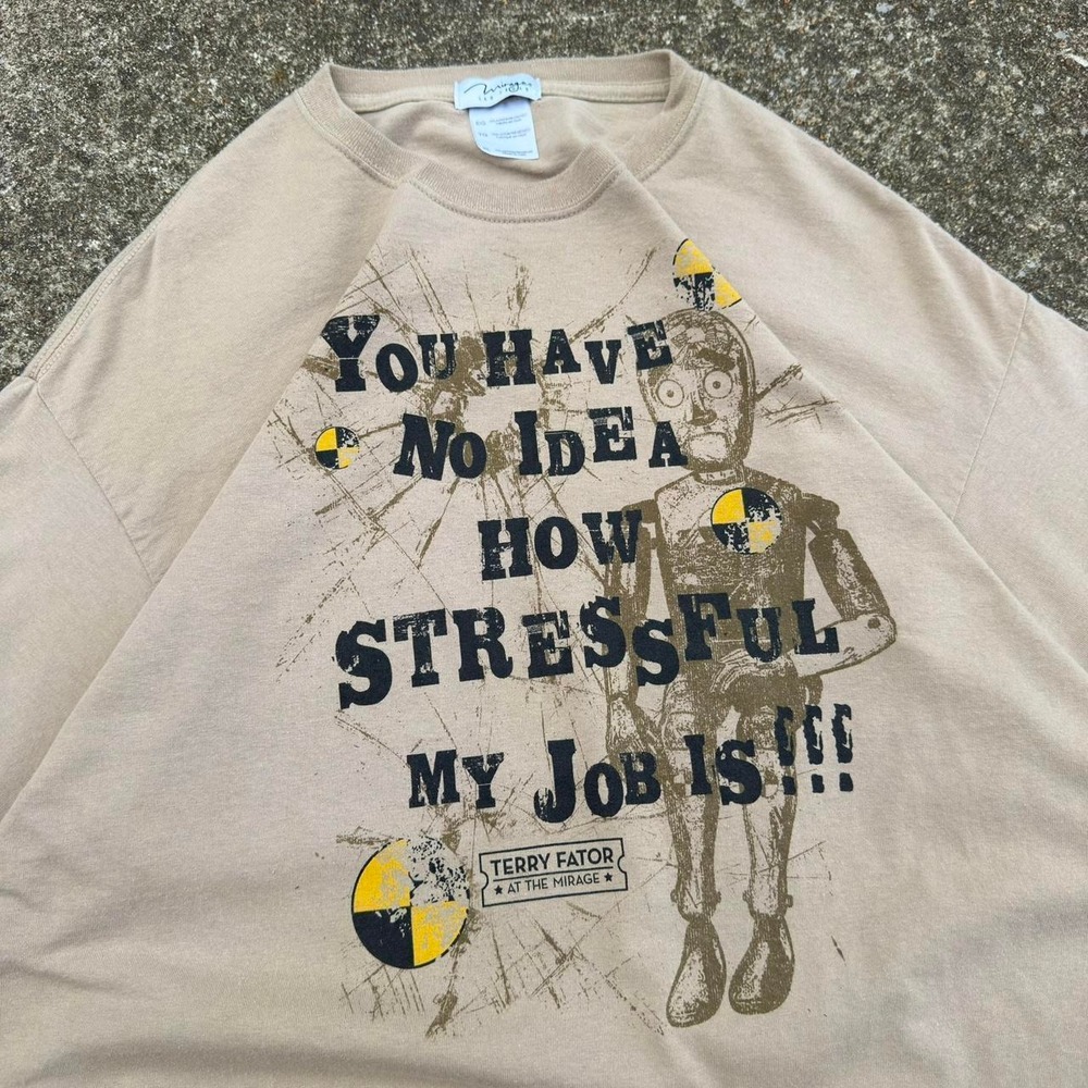 Vintage Y2K Mirage Terry Fator Stressful Job Funny Comedy Shirt Tan XL (d11)